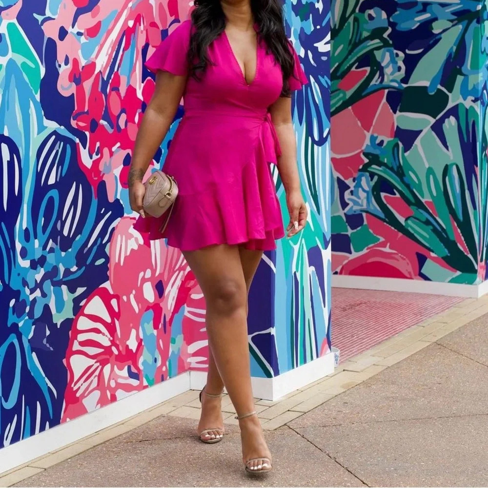 Pink ruffle twirl wrap dress - Picture 3 of 6